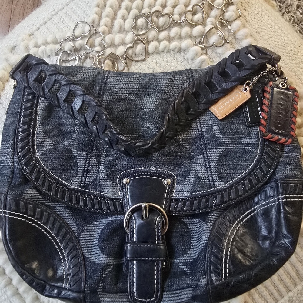Coach Poppy 18991 Denim Hobo Signature Canvas and Blue Leather Hobo Shoulder Bag